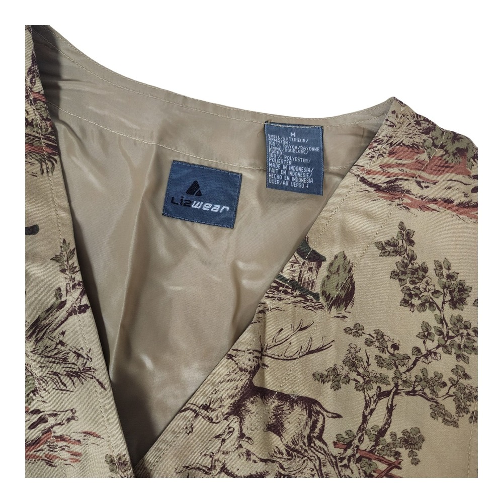 Lizwear Vintage Hunting Toile Vest Tan Rayon Button Front Cinch Back Womens M - Picture 4 of 10